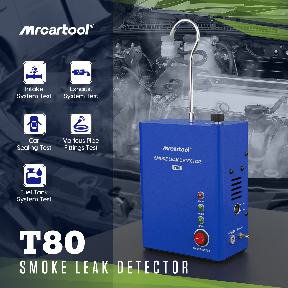 Smoke Leak Detector - MR CARTOOL Auto-Rauchlecksuchgerät T80 Auto-Luftpumpe Kraftstoffleitung