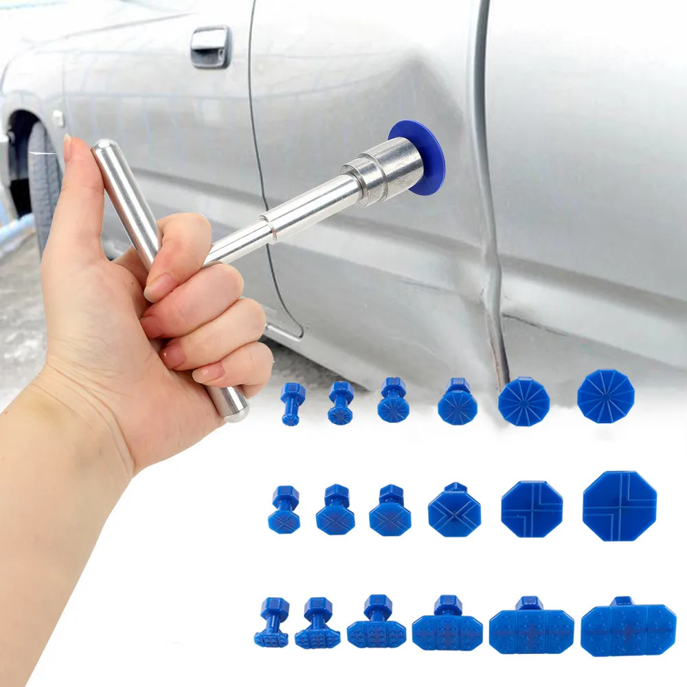 Dent Repair Puller - Auto-Dellen-Reparatur-Set, Auto-Reparaturwerkzeug-Kit mit 18 Kunststoff-Klebeplättchen, Metall-T-Griff-Dellenentferner,